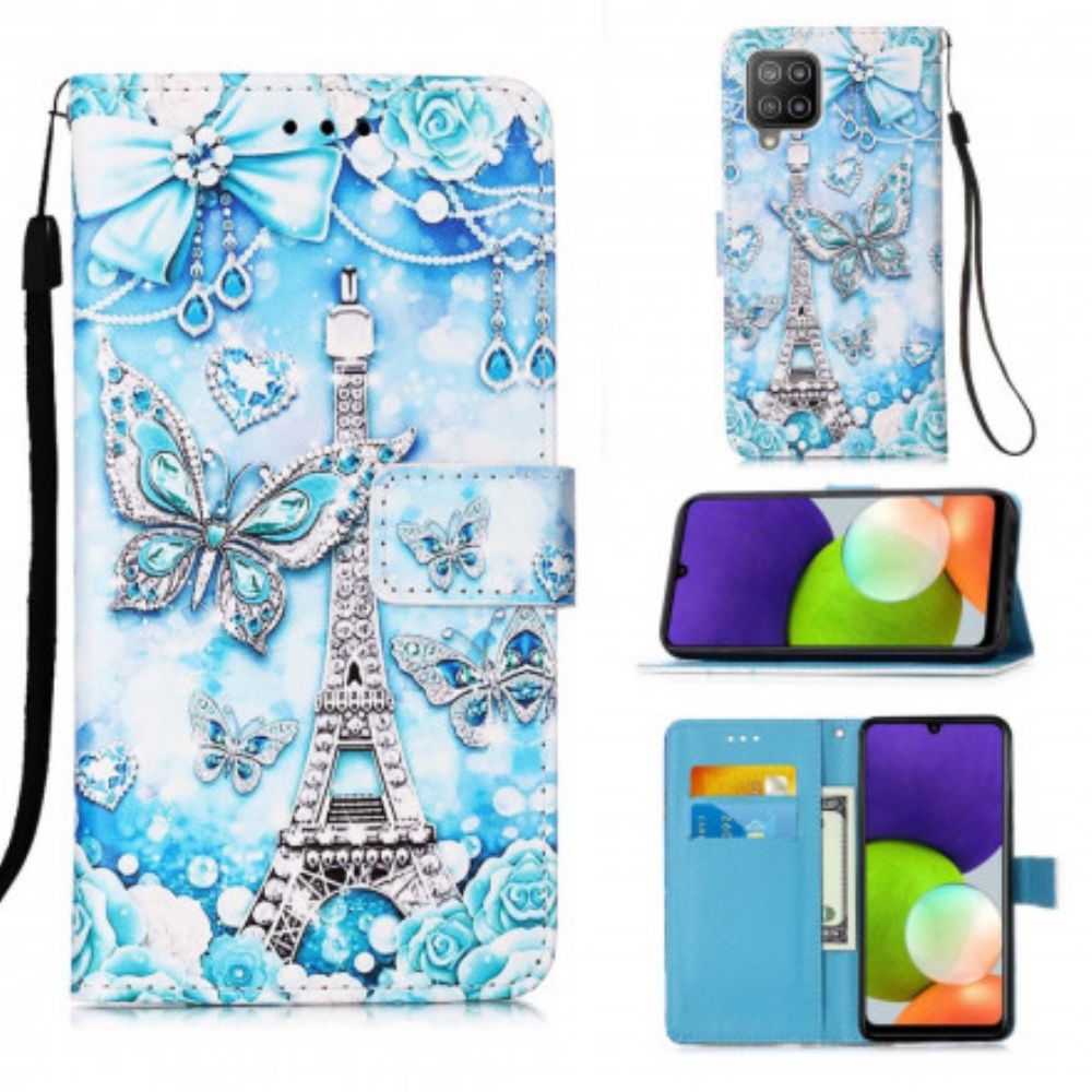 Folio-hoesje voor Samsung Galaxy A22 4G Met Ketting Eiffeltoren Vlinders Met Riem