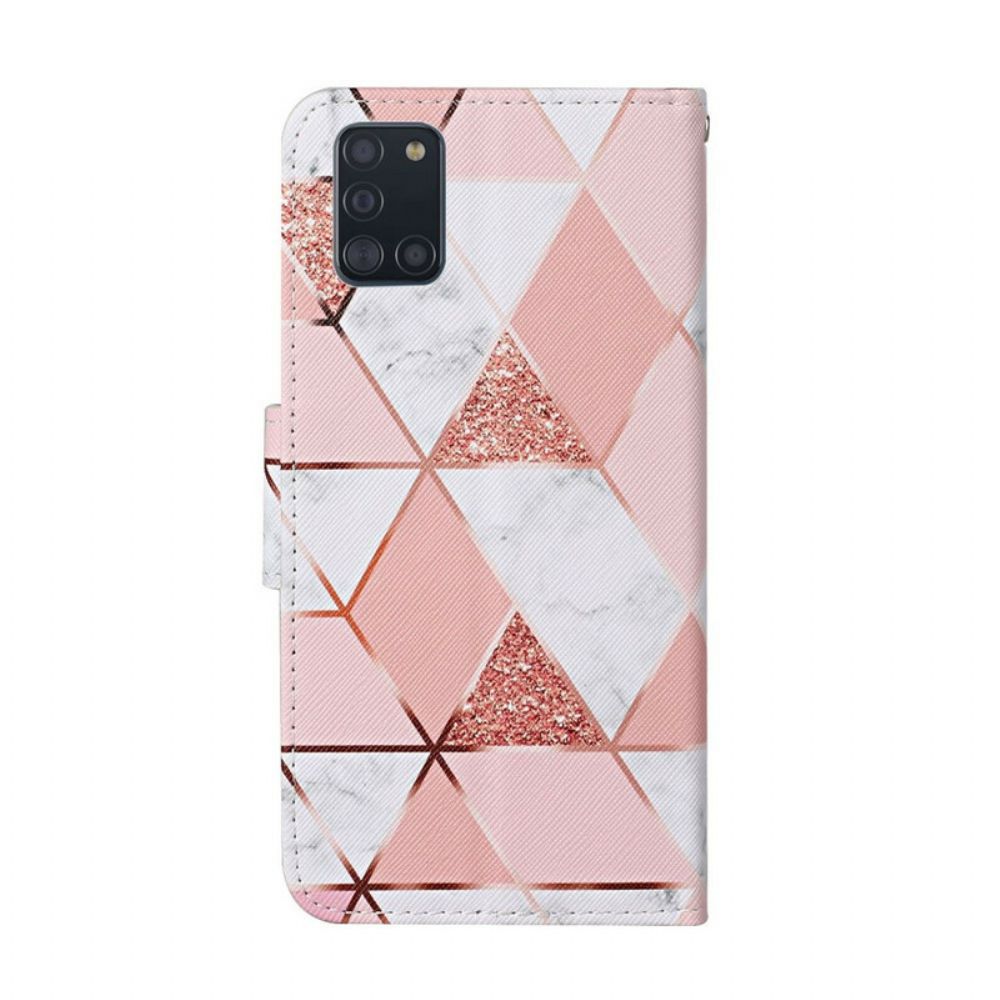 Flip Case voor Samsung Galaxy A31 Marmer En Glitter Met Riem