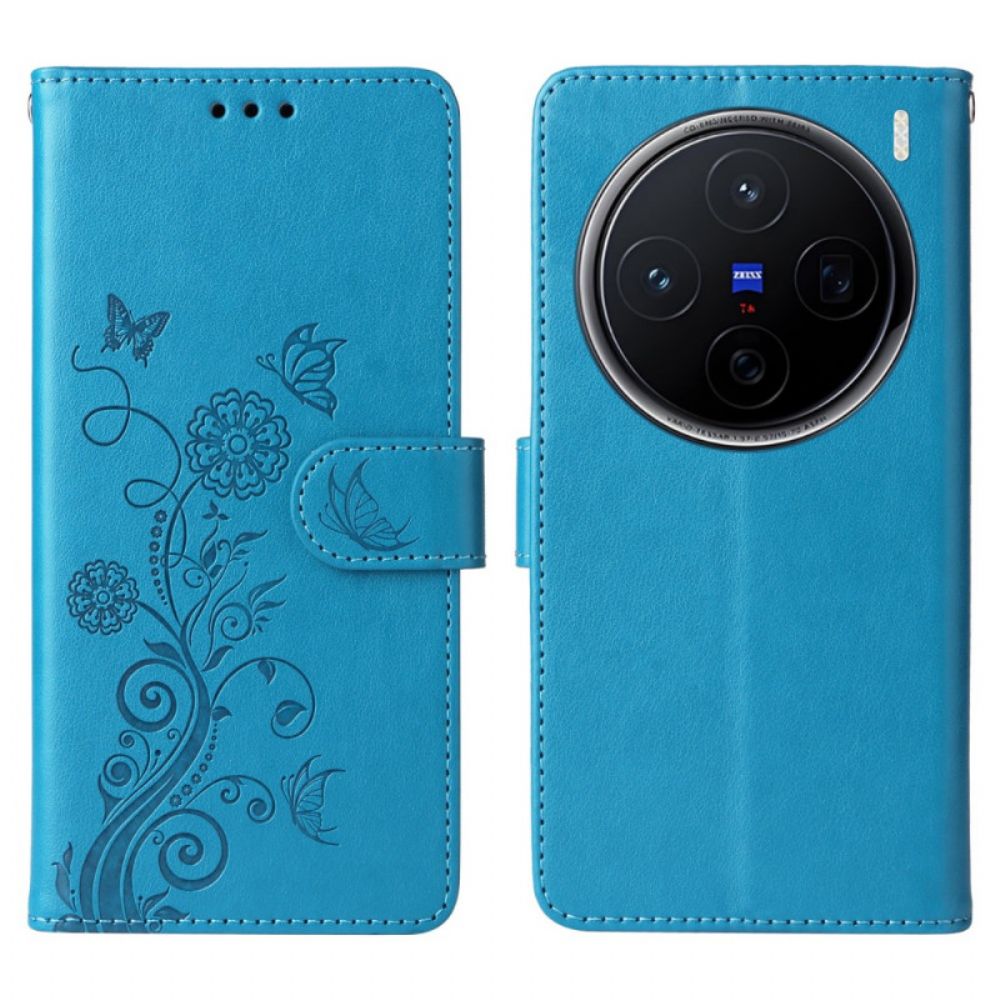 Leren Hoesje Vivo X200 Bloemen- En Vlinderpatroon