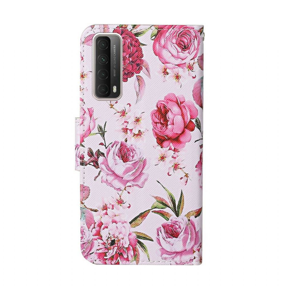 Leren Hoesje voor Huawei P Smart 2021 Meesterlijke Bloemen Met Riem