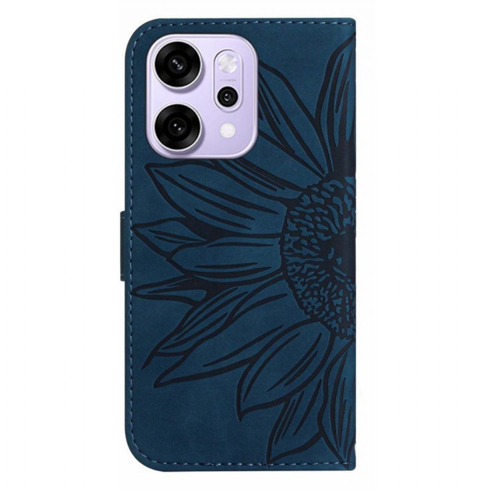 Leren Hoesje Voor Oppo Reno 14 Pro 5g Zonnebloemprint Met Bandje