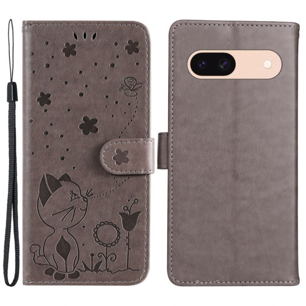 Leren Hoesje Google Pixel 8a Kat En Bijen Met Riem Bescherming Hoesje