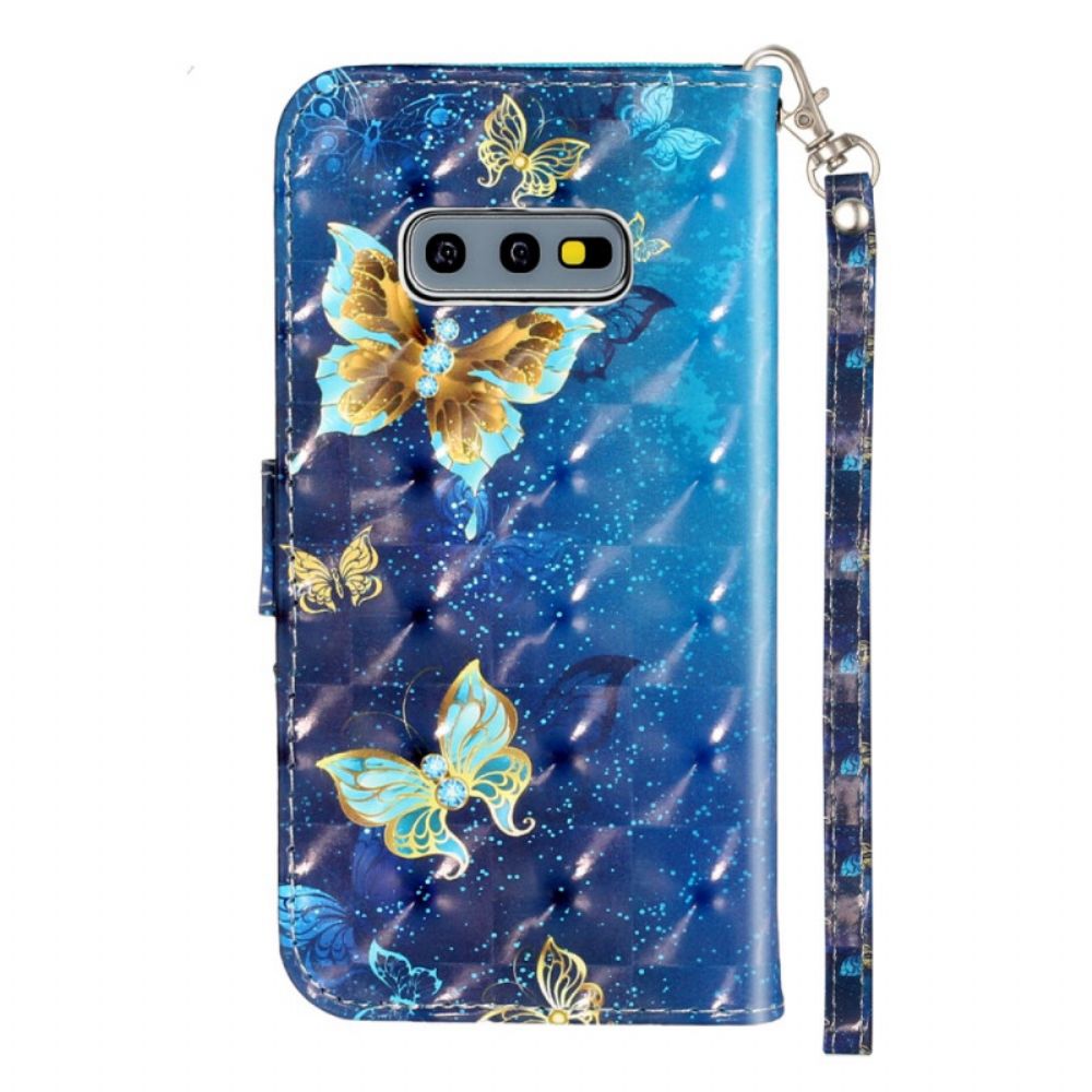Leren Hoesje voor Samsung Galaxy S10e Gouden Vlinders Lanyard