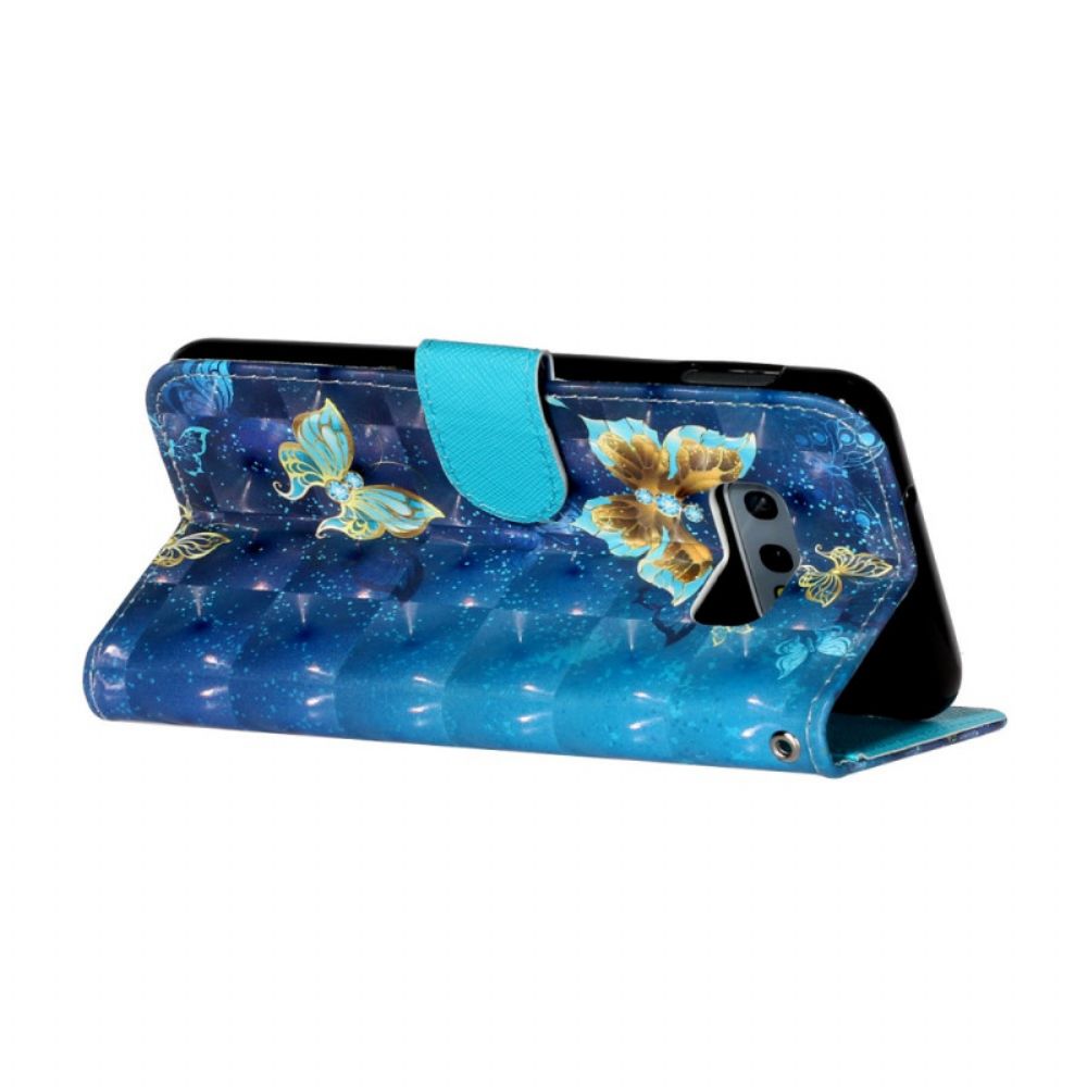 Leren Hoesje voor Samsung Galaxy S10e Gouden Vlinders Lanyard