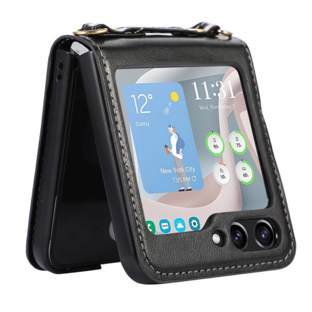 Hoesje Voor Samsung Galaxy Z Flip 5 Kaarthouder En Schouderriem In Leerstijl