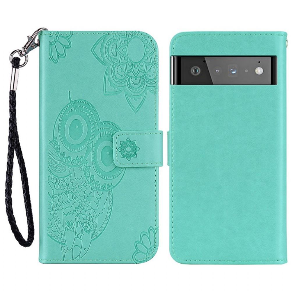 Folio-hoesje voor Google Pixel 6 Pro Uil Mandala En Lanyard