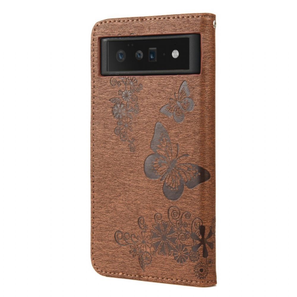 Leren Hoesje voor Google Pixel 6 Pro Met Ketting Prachtige Vlinders Met Riem
