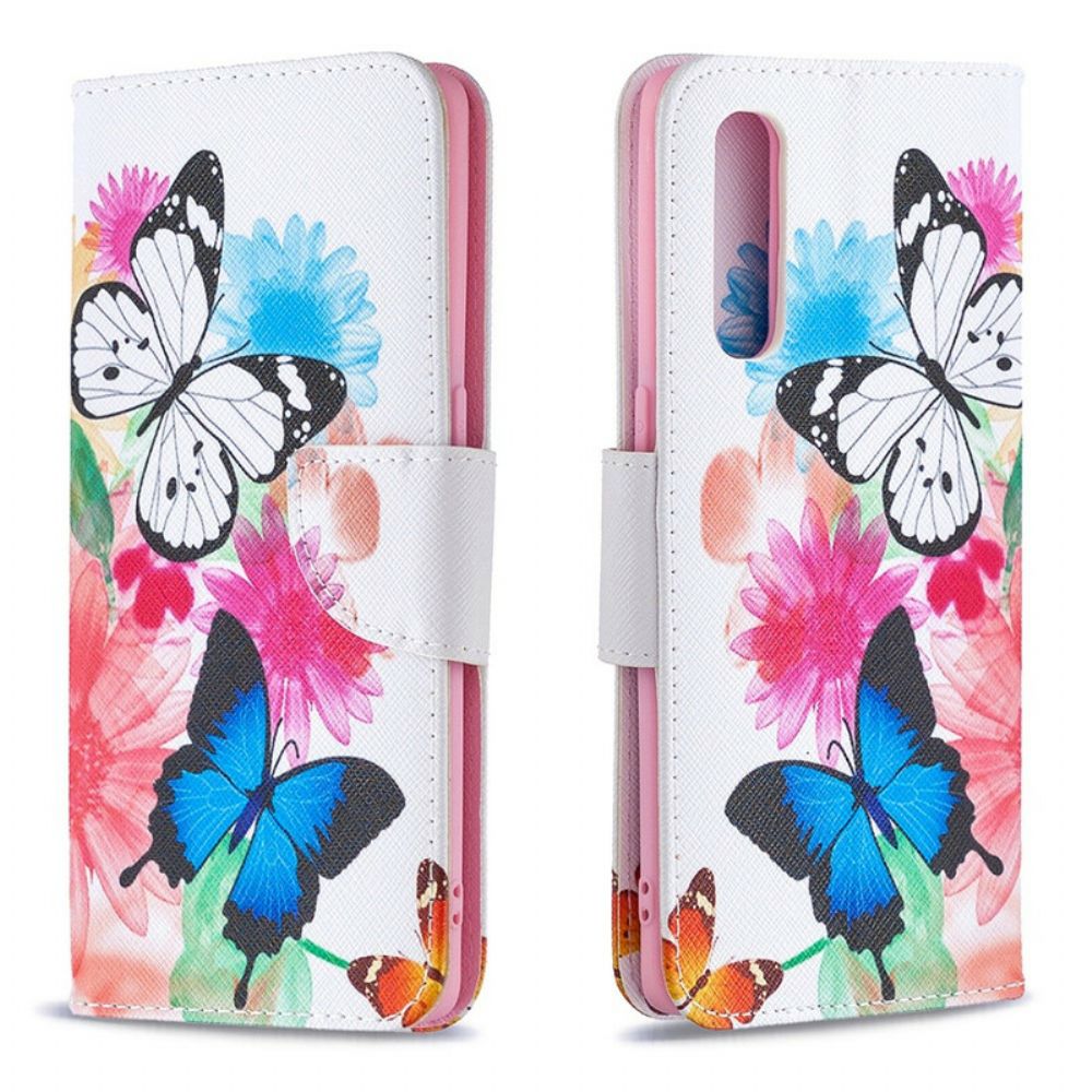 Folio-hoesje voor Oppo Find X2 Neo Geschilderde Vlinders En Bloemen