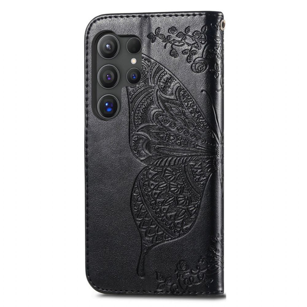 Leren Hoesje Samsung Galaxy S24 Ultra 5g Barok Vlinder Met Riem Bescherming Hoesje