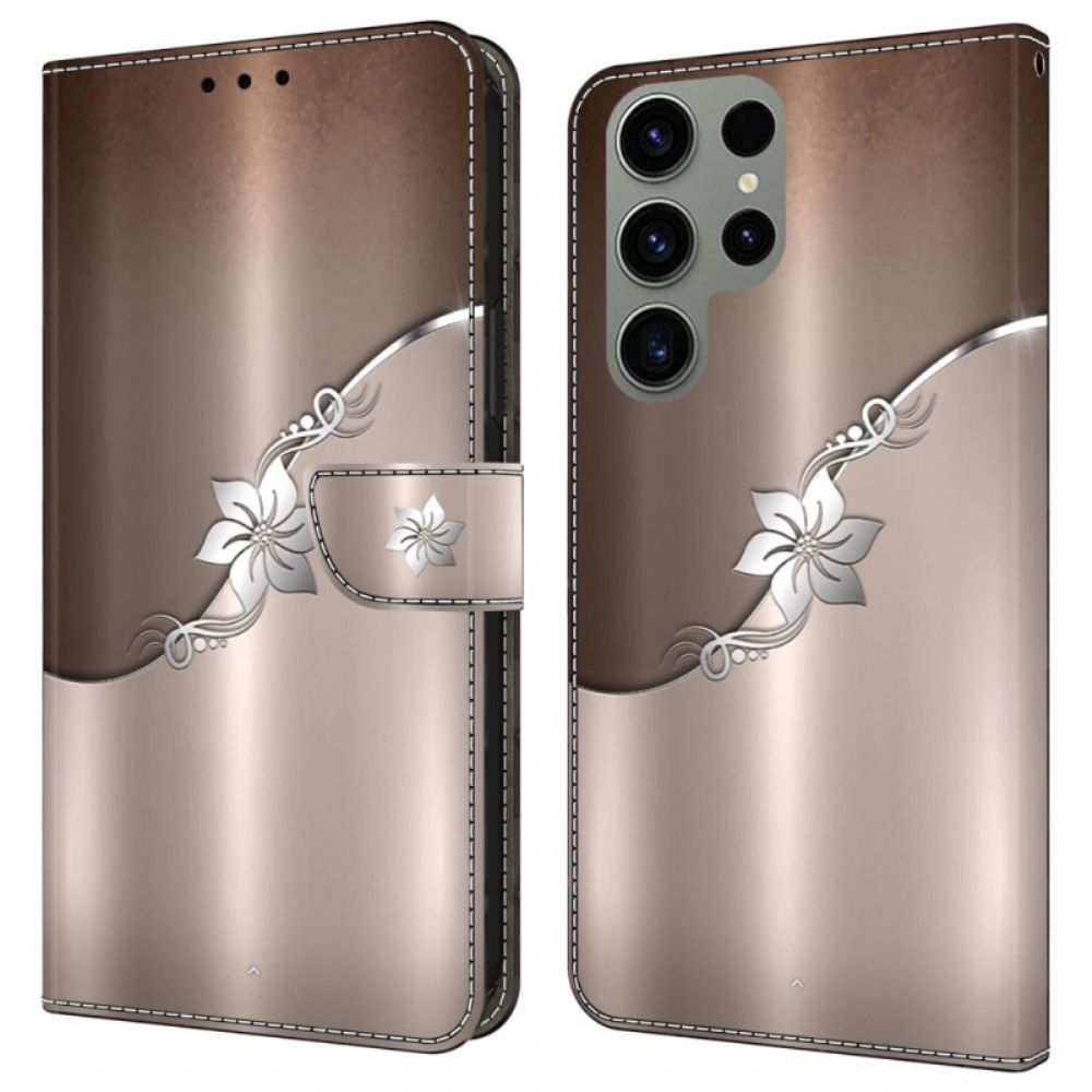 Leren Hoesje Voor Samsung Galaxy S24 Ultra 5g Zilveren Bloem