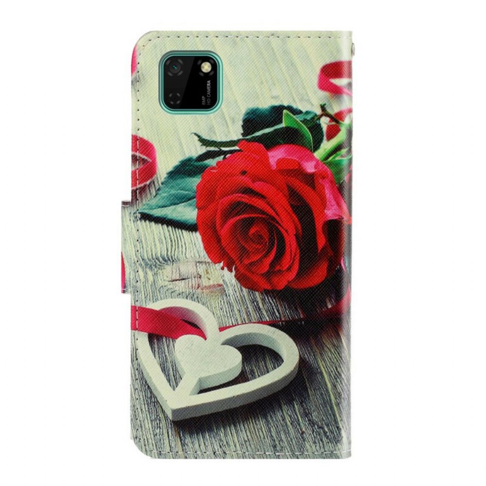Folio-hoesje voor Huawei Y5p Met Ketting Romantische Roos Met Bandjes