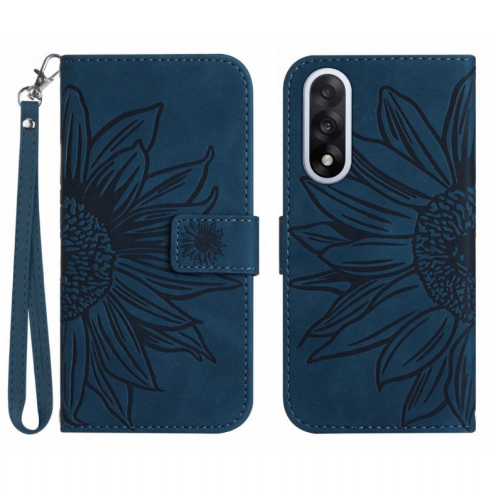 Leren Hoesje Oneplus Nord 5 Zonnebloemprint Met Bandje Bescherming Hoesje