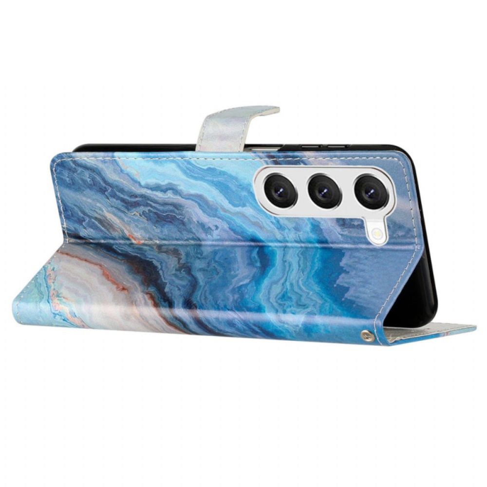 Leren Hoesje Voor Samsung Galaxy S24 Plus 5g Blauw Marmer Met Riem