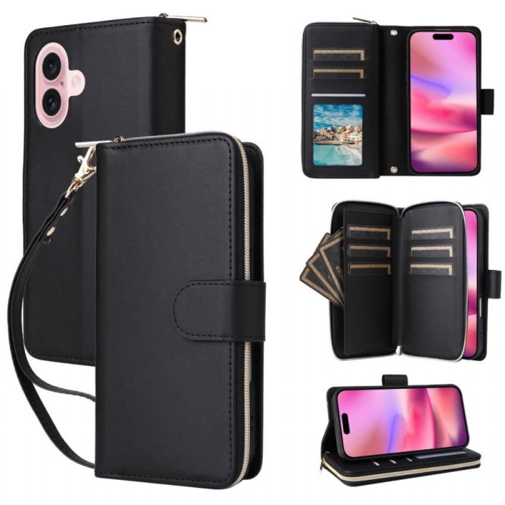 Leren Hoesje iPhone 17 Portemonnee Met 9 Kaartsleuven En Koord Bescherming Hoesje