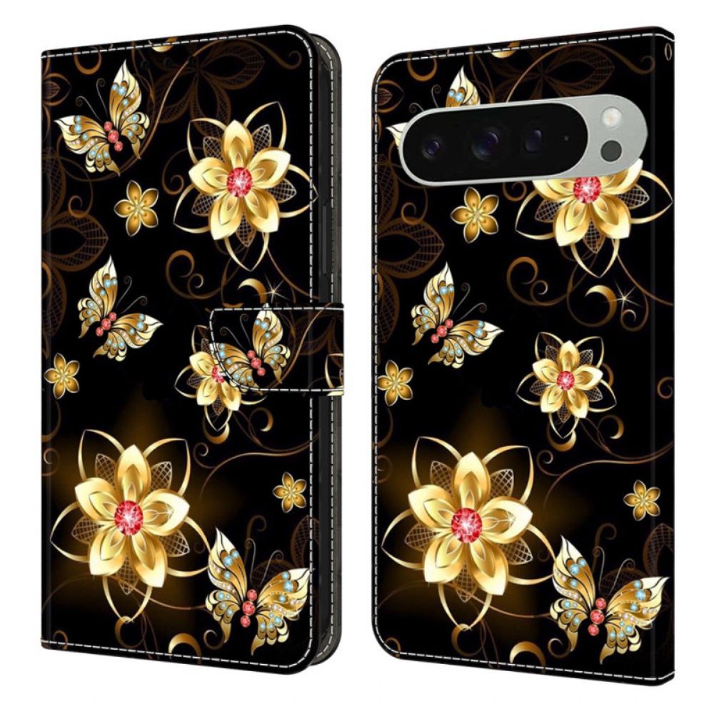 Leren Hoesje Google Pixel 10 Pro Xl Gouden Bloemen En Vlinders Bescherming Hoesje