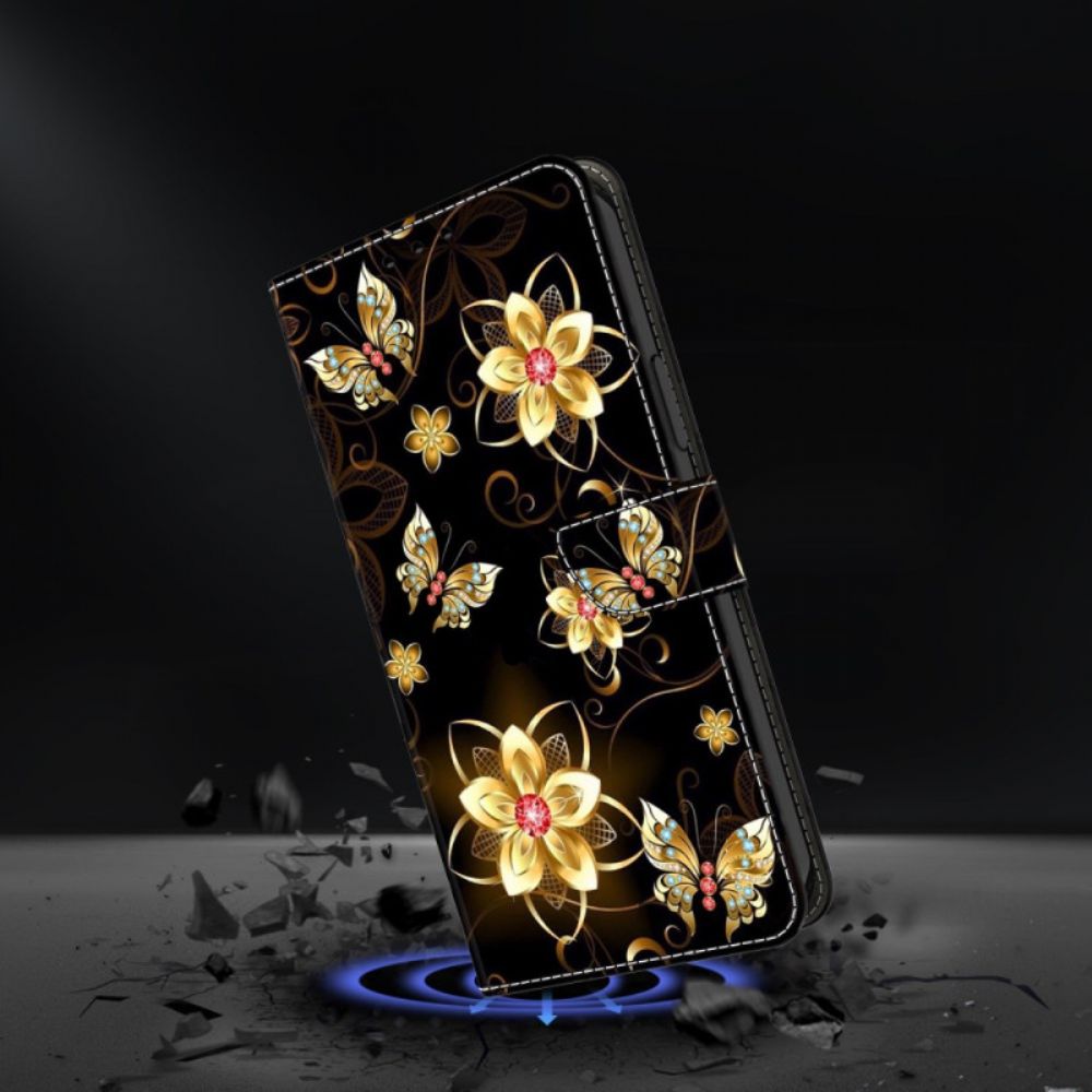 Leren Hoesje Google Pixel 10 Pro Xl Gouden Bloemen En Vlinders Bescherming Hoesje