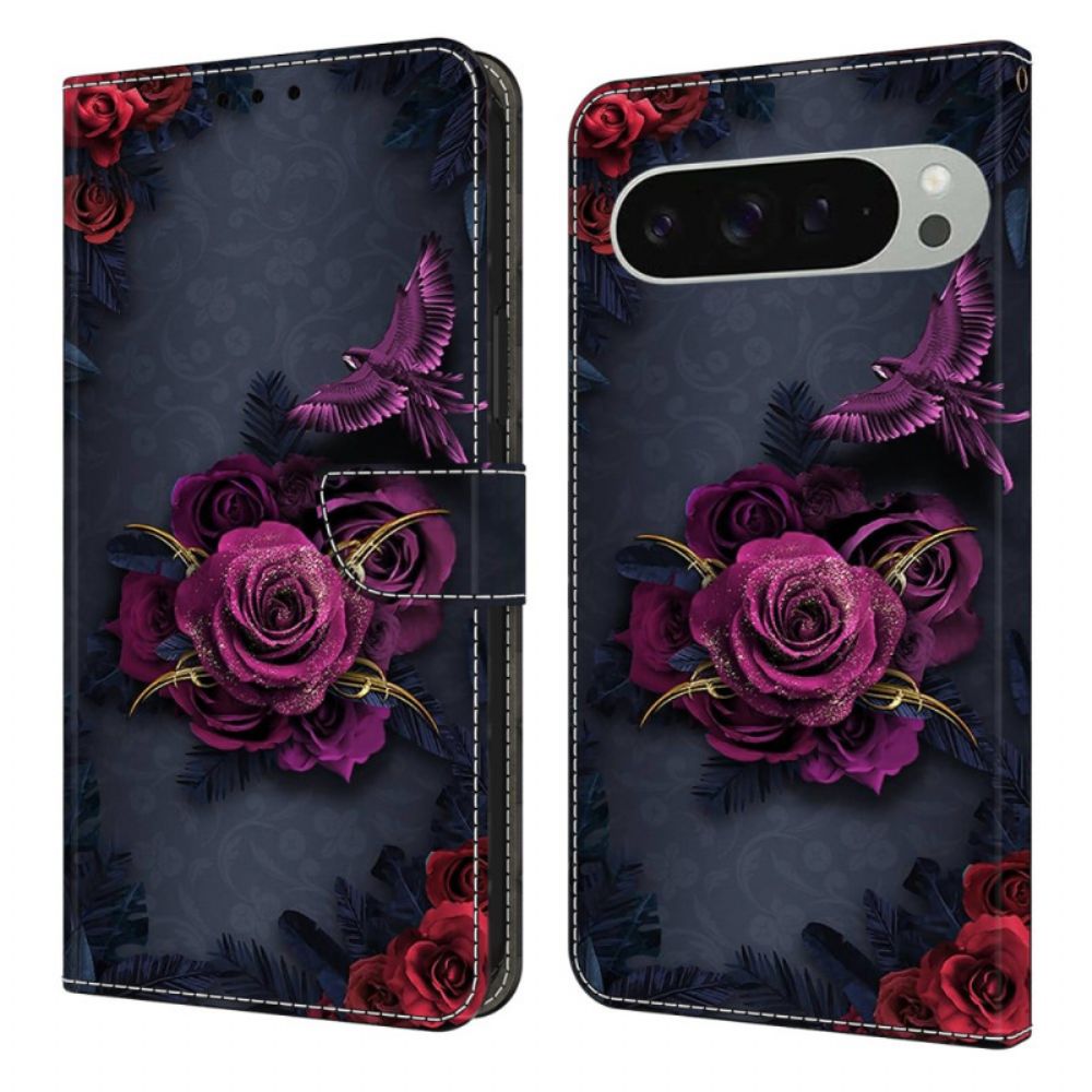 Leren Hoesje Google Pixel 10 Pro Xl Violet Bloemenpatroon Bescherming Hoesje