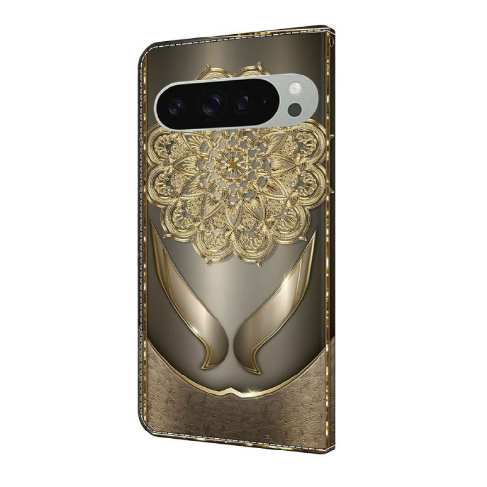 Leren Hoesje Voor Google Pixel 10 Pro Xl Gouden Bloemenpatroon