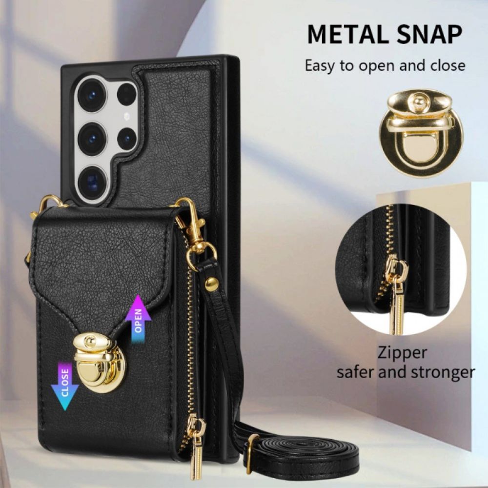 Hoesje Samsung Galaxy S25 Ultra 5g Portemonnee Met Rits En Schouderband Bescherming Hoesje