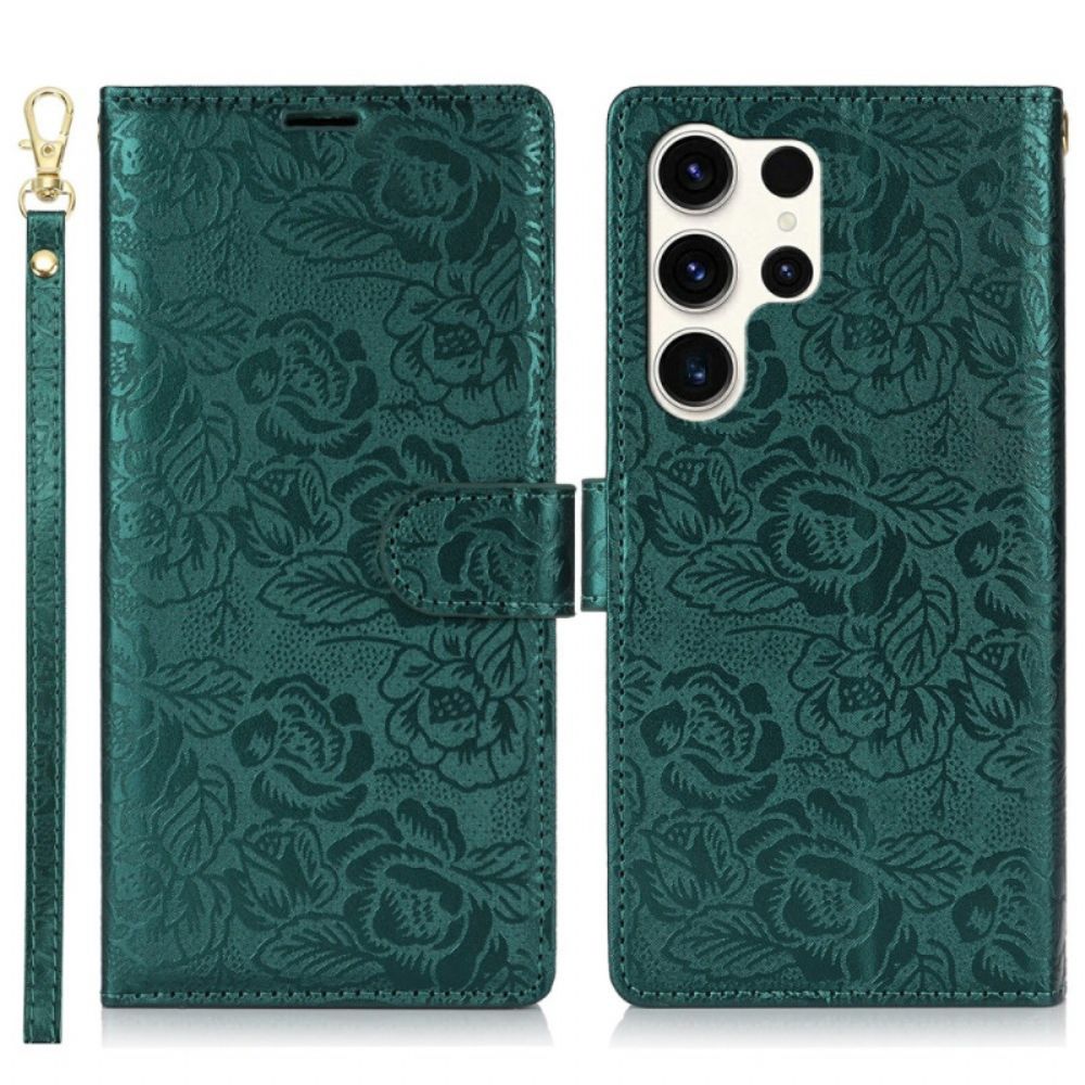 Leren Hoesje Samsung Galaxy S25 Ultra 5g Bloemenprint Met Bandje