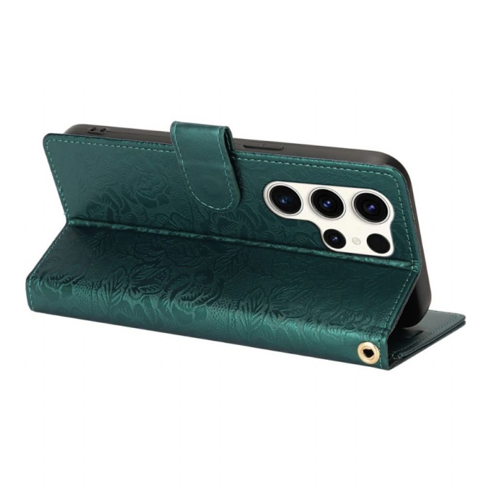 Leren Hoesje Samsung Galaxy S25 Ultra 5g Bloemenprint Met Bandje