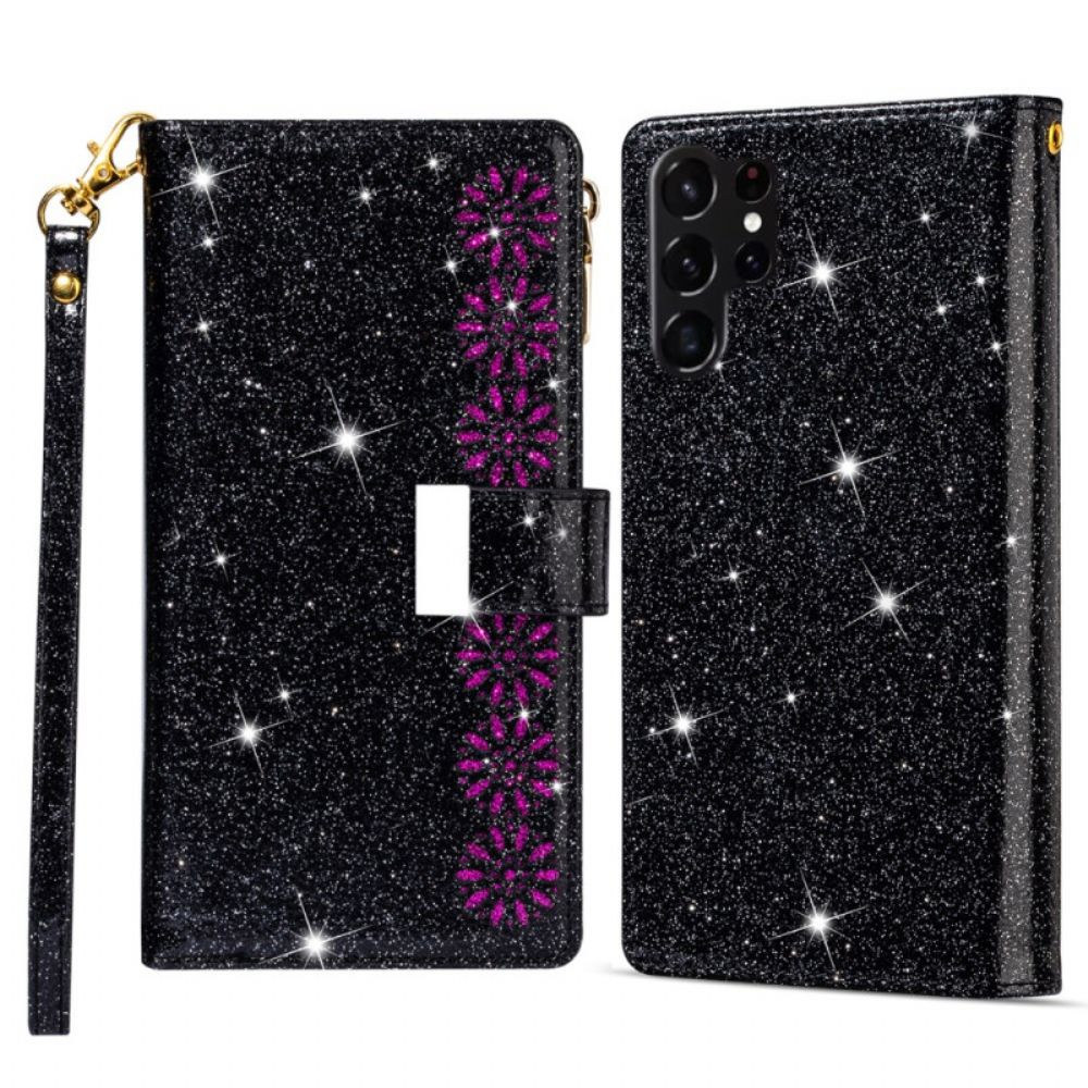 Leren Hoesje Samsung Galaxy S25 Ultra 5g Pailletten Met Zilveren Sluiting Bescherming Hoesje