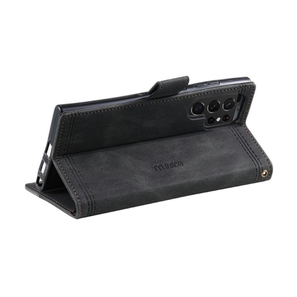 Leren Hoesje Samsung Galaxy S25 Ultra 5g Tweekleurige Rfid-portemonnee In Suède-stijl Met Bandje