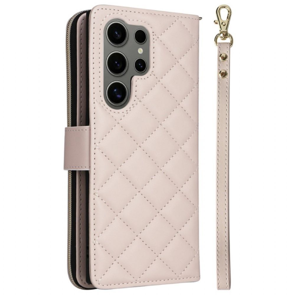 Leren Hoesje Voor Samsung Galaxy S25 Ultra 5g Gewatteerde Portemonnee Met Bandje En Schouderband