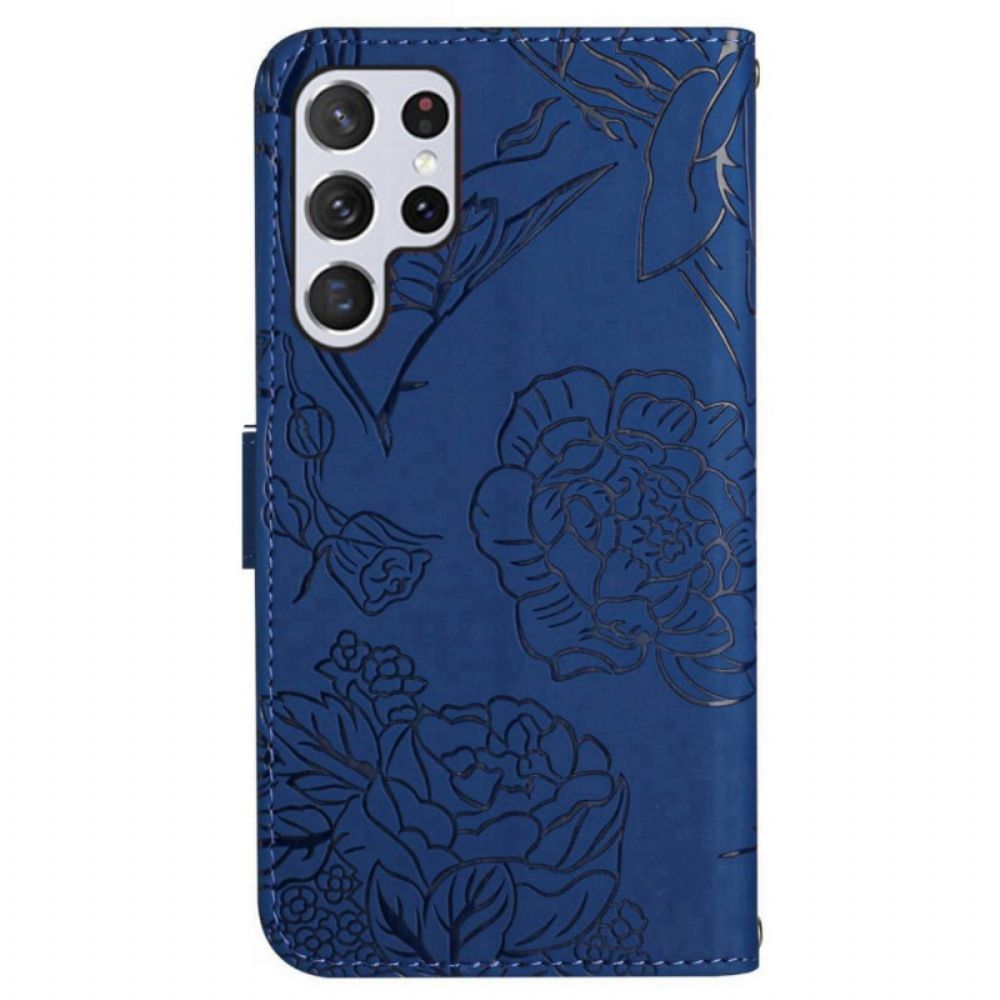 Leren Hoesje Voor Samsung Galaxy S25 Ultra 5g Vlinderprint Met Bandje