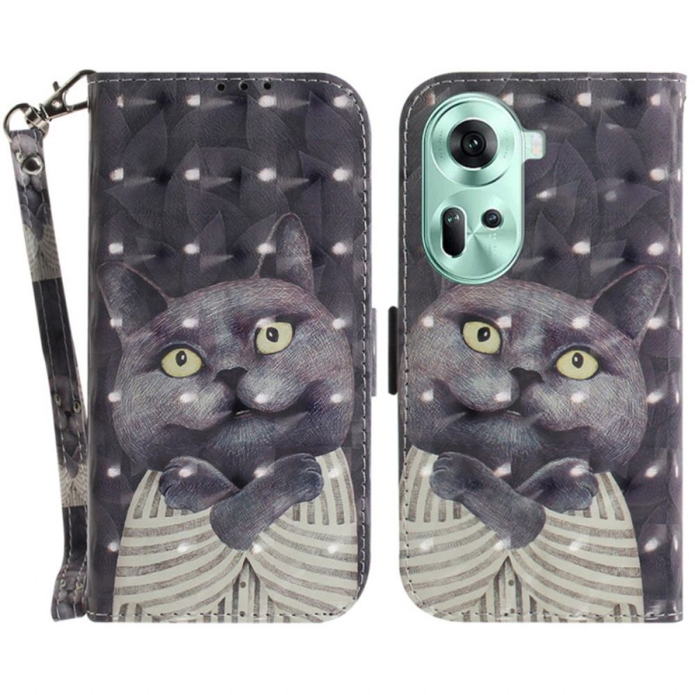 Flip Case Leren Oppo Reno 11 5g Grijze Kat Met Riem