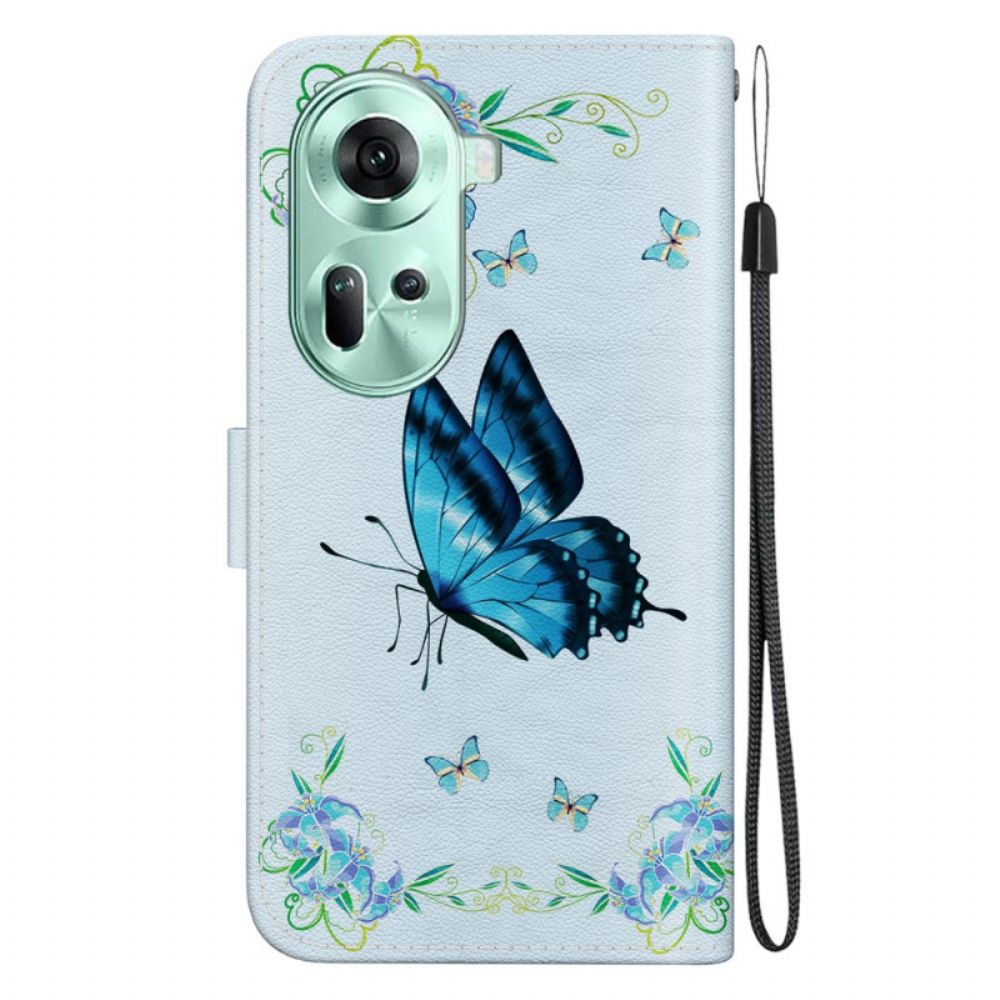 Folio-hoesje Oppo Reno 11 5g Telefoonhoesje Blauwe Vlinder En Bloemen Met Riempje