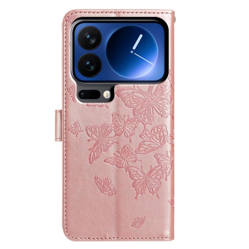 Flip Case Leren Xiaomi 17 Pro Gegraveerde Vlinders