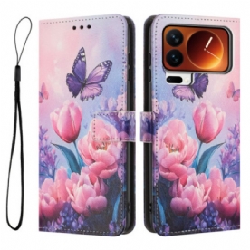 Folio-hoesje Xiaomi 17 Pro Telefoonhoesje Vlinders En Roze Bloemen