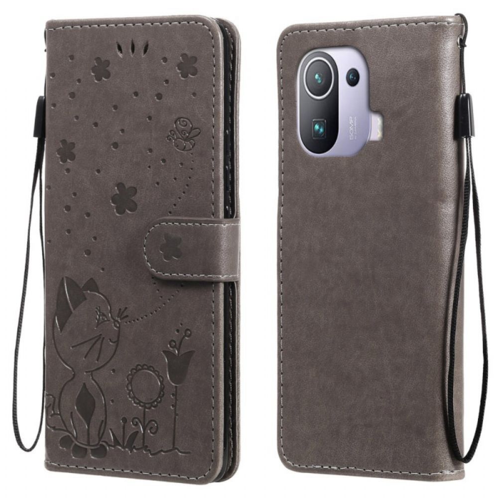Leren Hoesje voor Xiaomi Mi 11 Pro Met Ketting Thong Kat En Bij