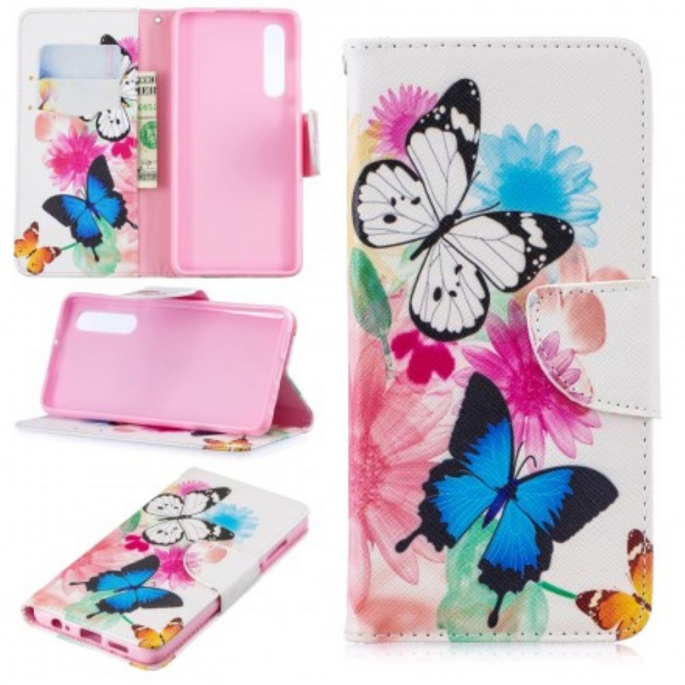 Folio-hoesje voor Huawei P30 Geschilderde Vlinders En Bloemen