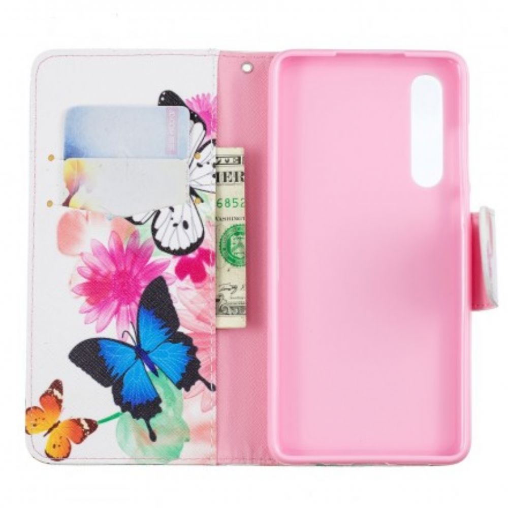 Folio-hoesje voor Huawei P30 Geschilderde Vlinders En Bloemen