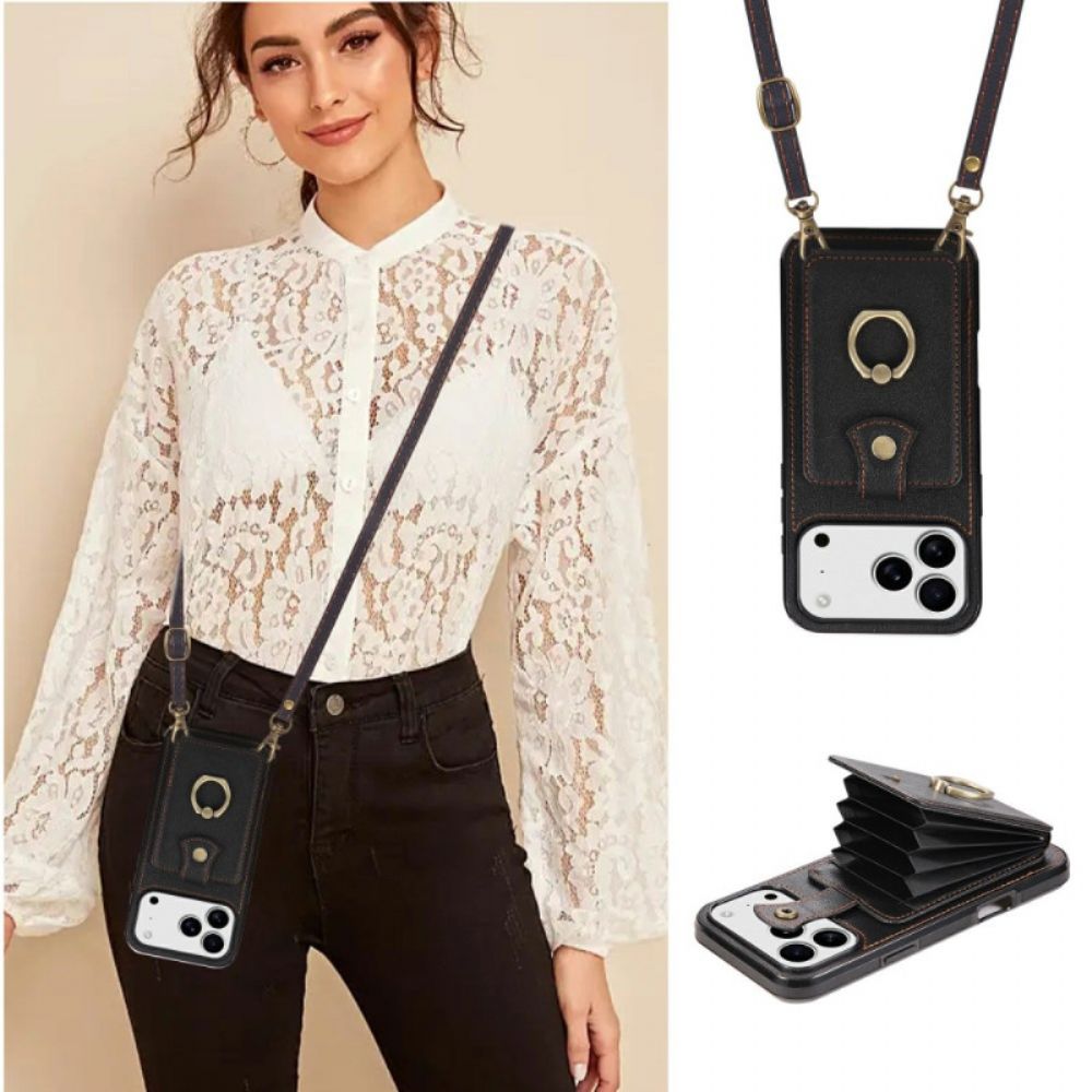 Hoesje iPhone 17 Pro Max Leerlook Met Kaarthouder En Polsband Bescherming Hoesje