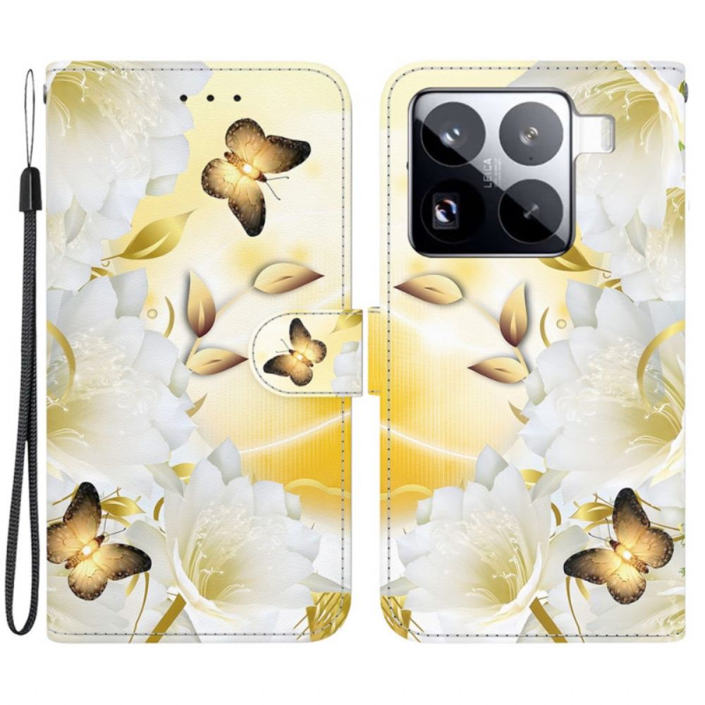 Bescherming Hoesje Xiaomi 15 Pro Gouden Vlinders En Witte Bloemen