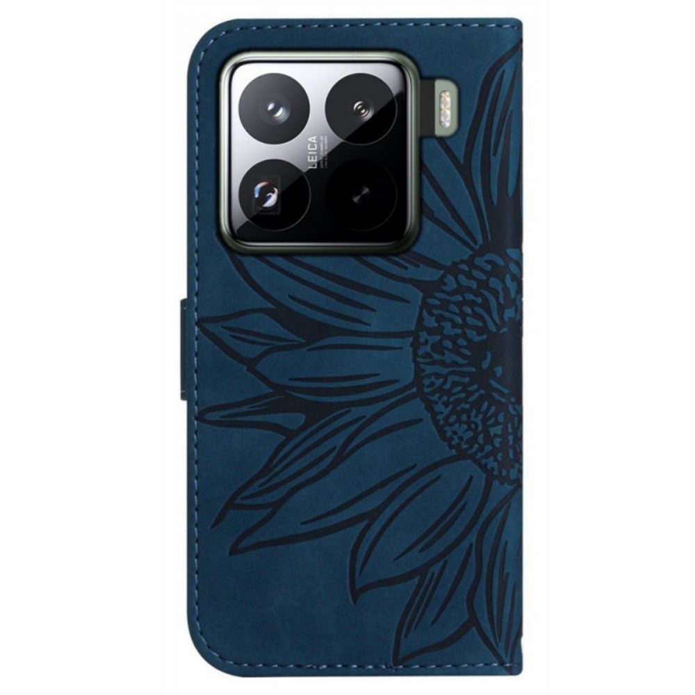 Leren Hoesje Voor Xiaomi 15 Pro Bandje Met Zonnebloemprint