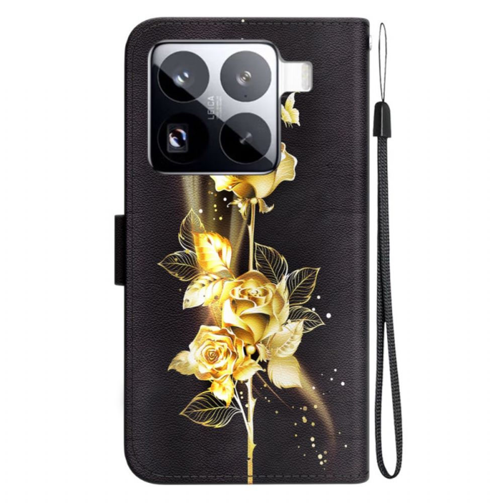 Leren Hoesje Voor Xiaomi 15 Pro Gouden Vlinders En Roze