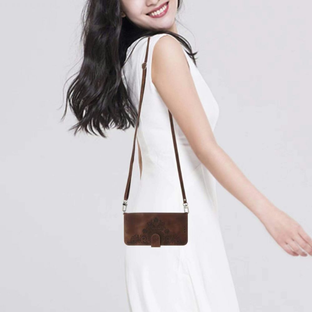 Leren Hoesje Voor Xiaomi 15 Pro Suède-effect Bloemenpatroon Met Bandje En Schouderriem