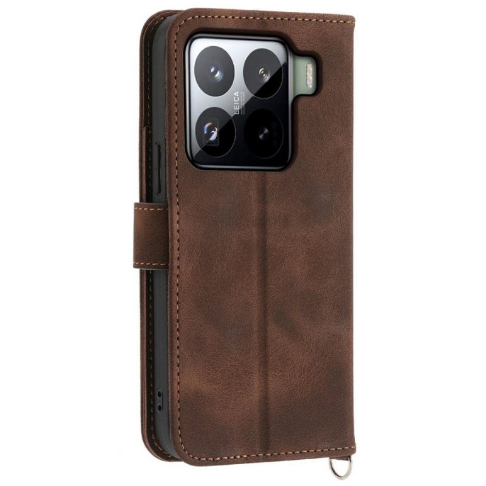 Leren Hoesje Voor Xiaomi 15 Pro Suède-effect Bloemenpatroon Met Bandje En Schouderriem