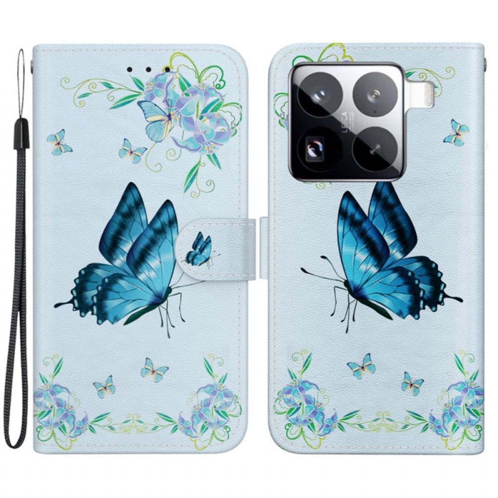 Leren Hoesje Voor Xiaomi 15 Pro Vlinder En Blauwe Bloemen