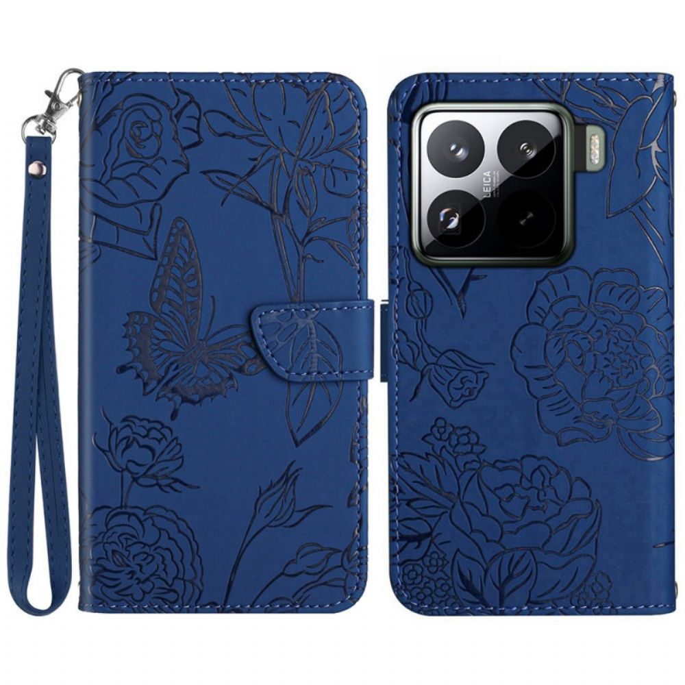 Leren Hoesje Xiaomi 15 Pro Bandje Met Vlinderprint