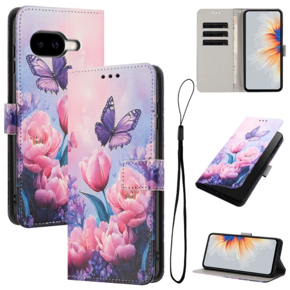 Flip Case Leren Google Pixel 10a Vlinders En Roze Bloemen