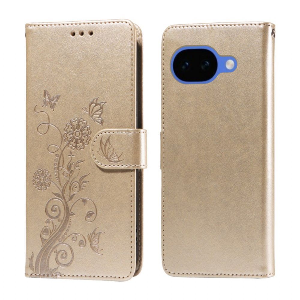 Leren Hoesje Google Pixel 10a Bloemen En Vlinder Bescherming Hoesje