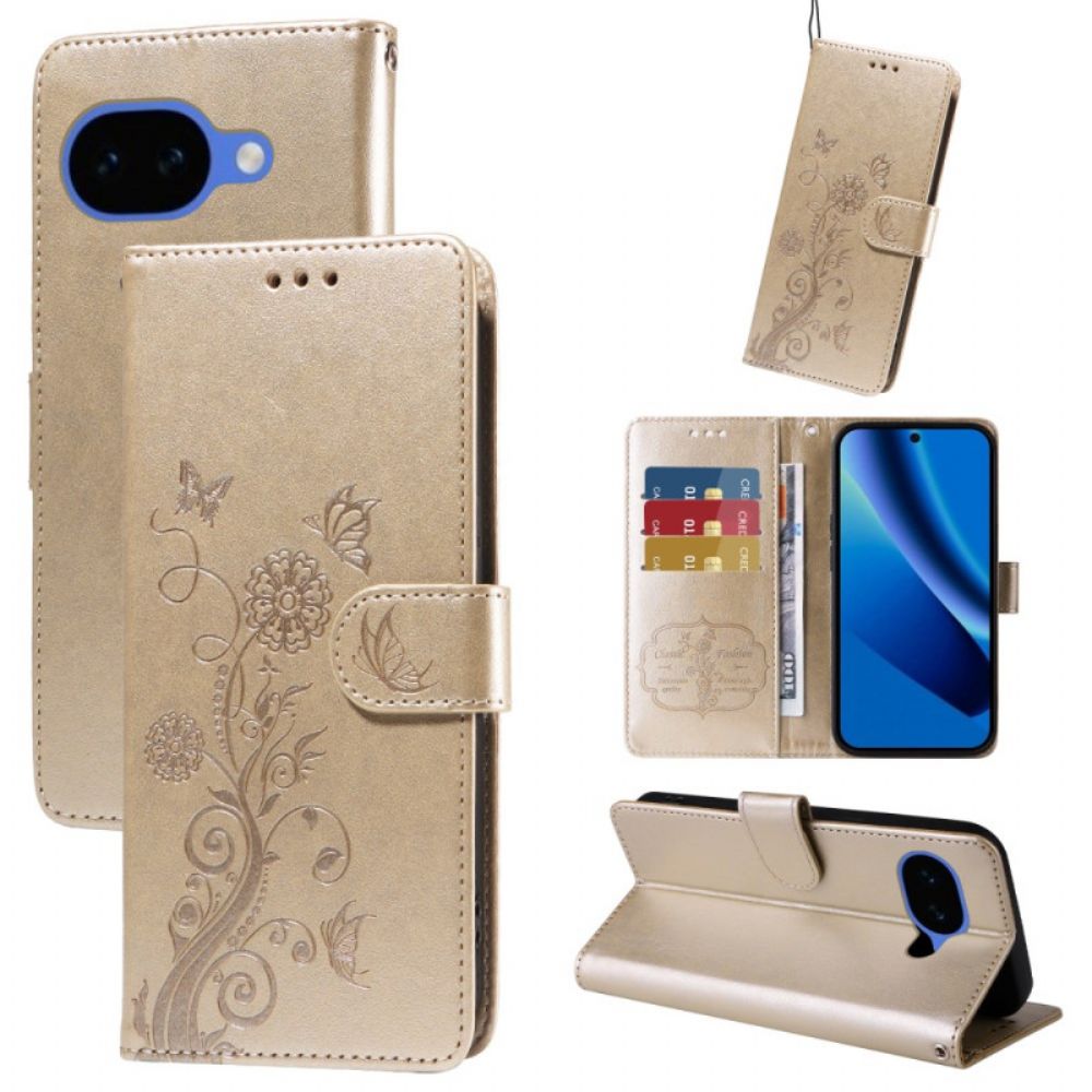 Leren Hoesje Google Pixel 10a Bloemen En Vlinder Bescherming Hoesje