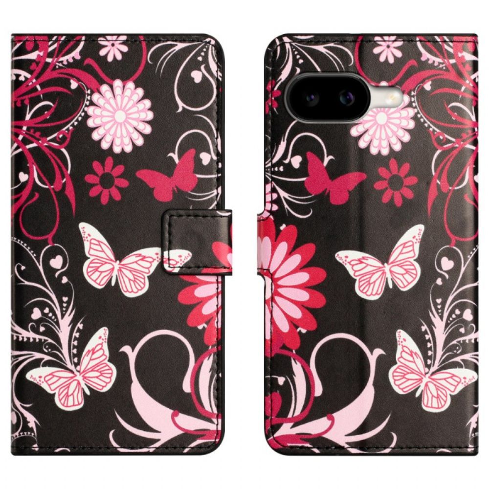 Leren Hoesje Voor Google Pixel 10a Vlinders Op Een Zwarte Achtergrond