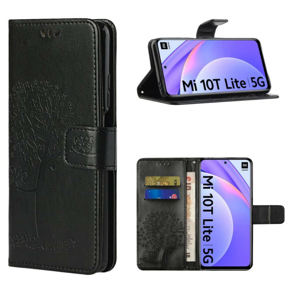 Folio-hoesje voor Xiaomi Mi 10T Lite / Redmi Note 9 Pro 5G Met Ketting Boom En Uilen Met Bandjes