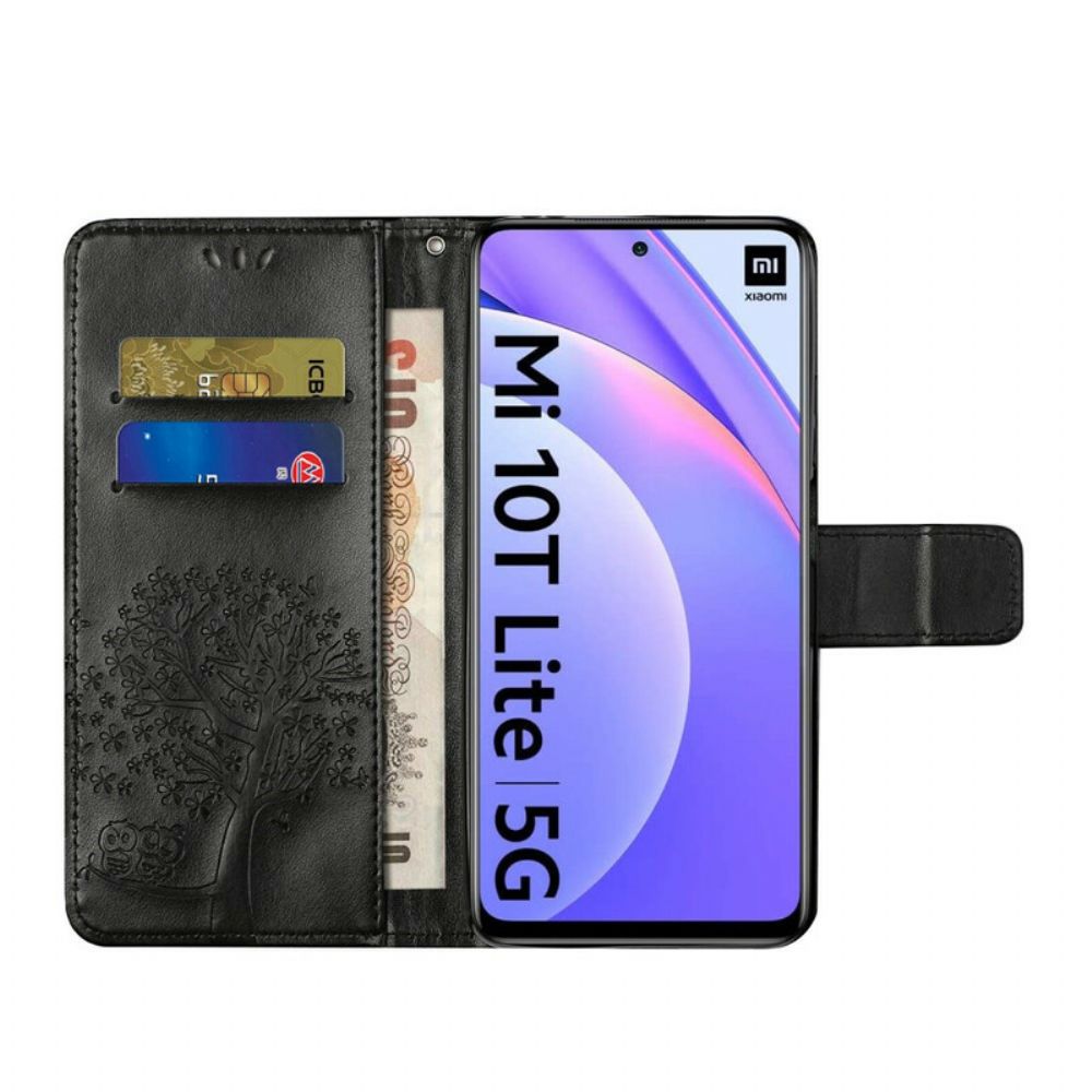 Folio-hoesje voor Xiaomi Mi 10T Lite / Redmi Note 9 Pro 5G Met Ketting Boom En Uilen Met Bandjes